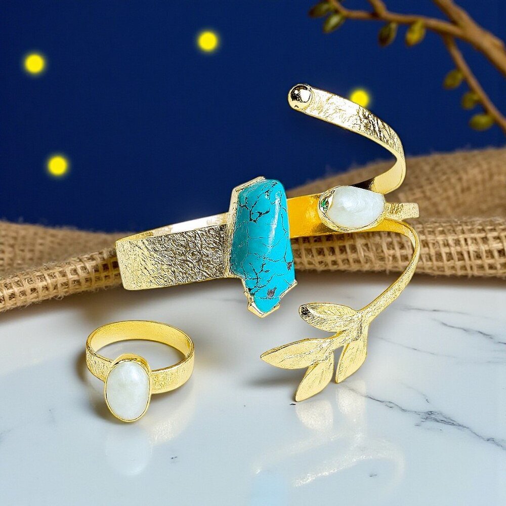 Boho Artisan Jewelry Set 18K Gold Plated Genuine Turquoise Baroque‎ Pearls - Picture 9 of 14
